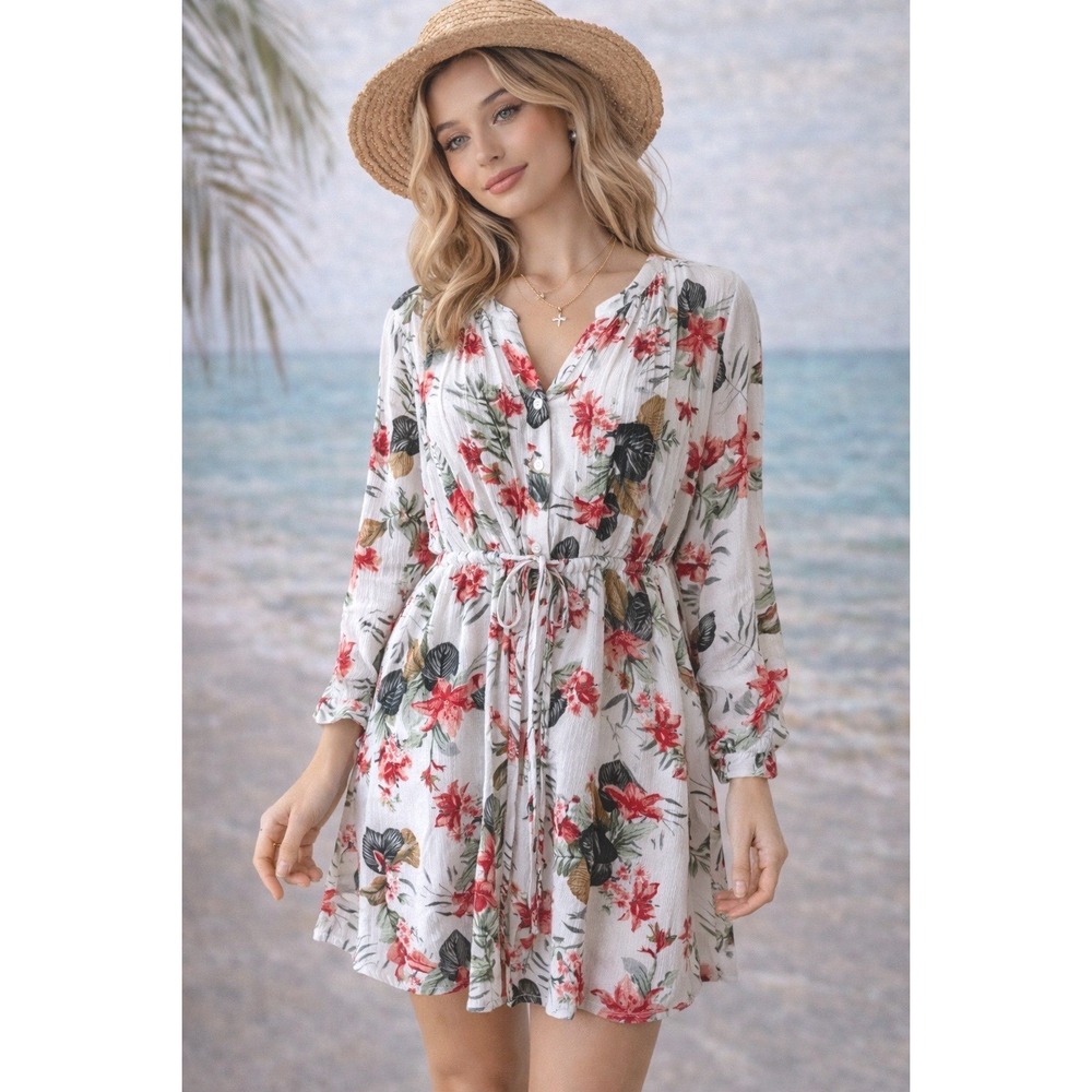 Hilary Radley Floral Dress White Red Green‎ Tiger Lily  Tie Waist Long Sleeve L